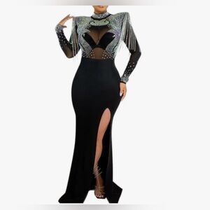 Pre-Loved Black Rhinestone Fringe Long-Sleeve Evening Gown